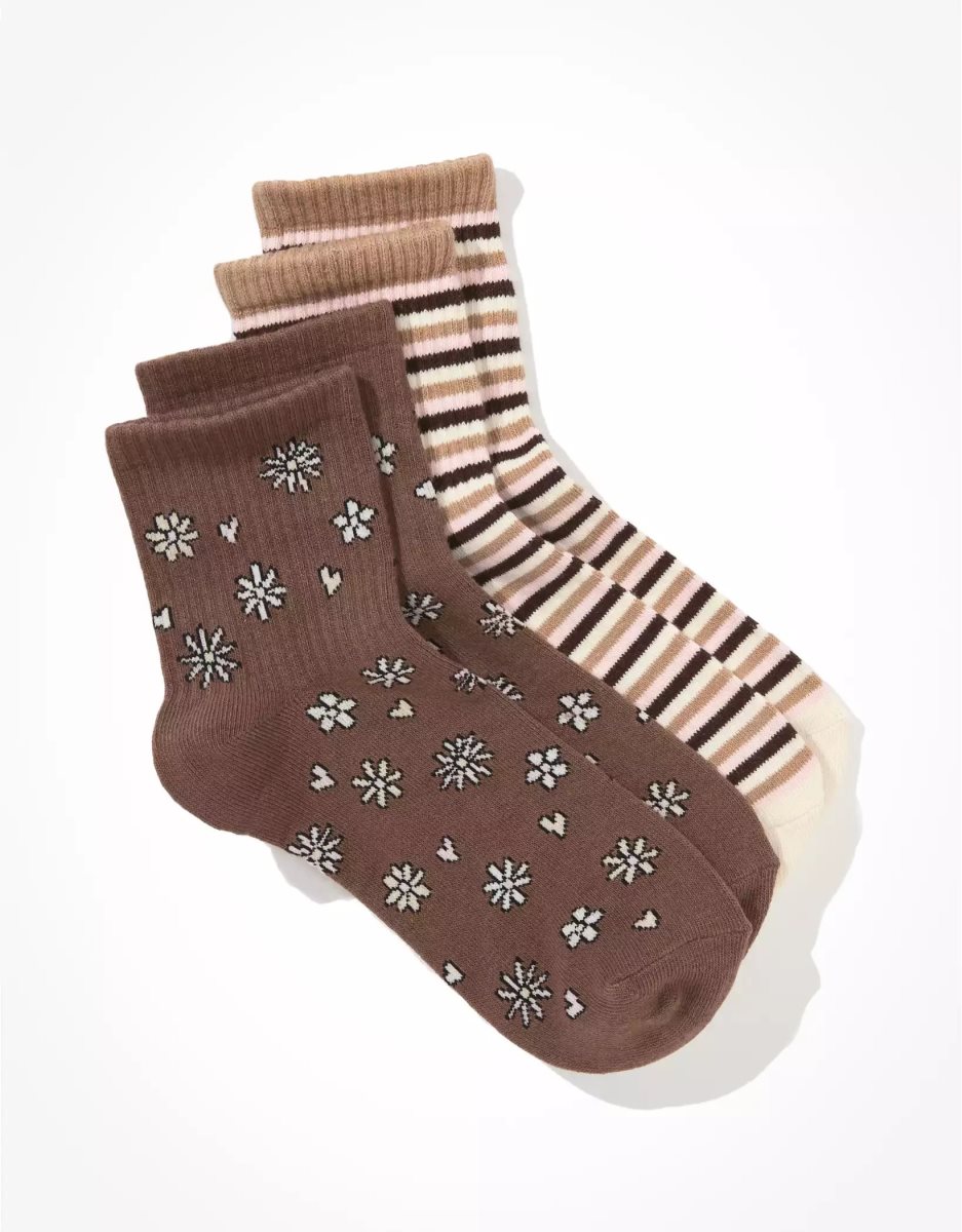 Chaussettes American Eagle AE Daisy Rayé Boyfriend Sock 2-Pack Marron Femme | FJU-08326157